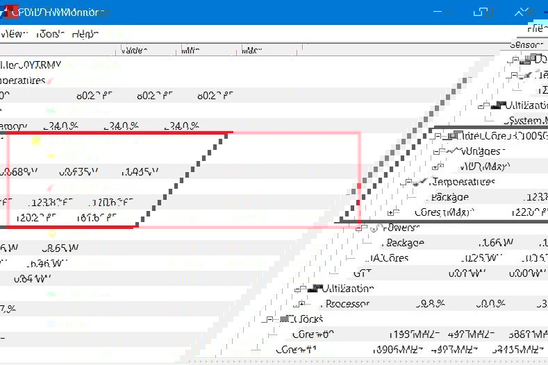 Температуры ядер CPU в HWMonitor