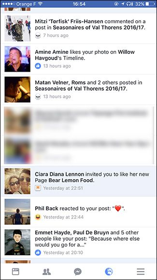 Экран вкладки уведомлений в мобильном приложении Facebook