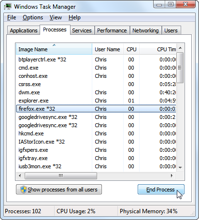 Diálogo que pide cerrar el proceso Firefox existente
