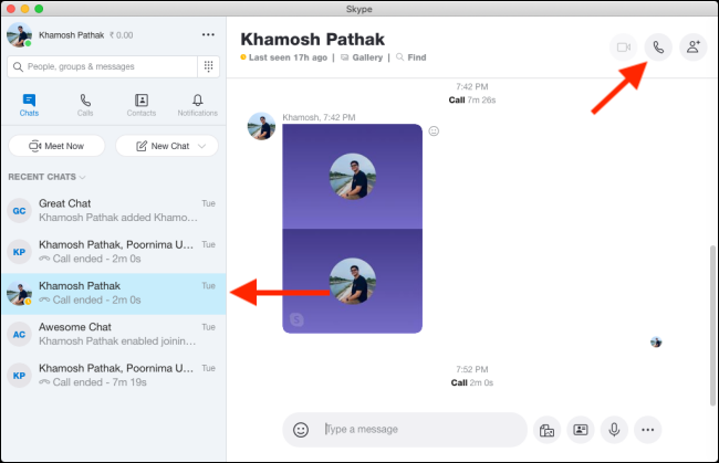 Выбор контакта и кнопка голосового звонка на рабочем столе
