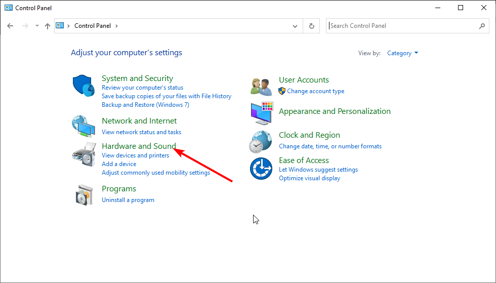 Выбор «Оборудование и звук» в панели управления