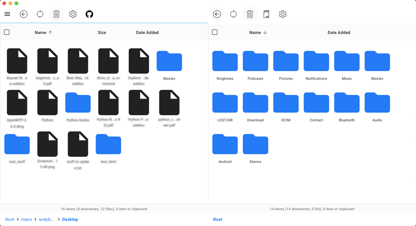 интерфейс OpenMTP с двумя панелями