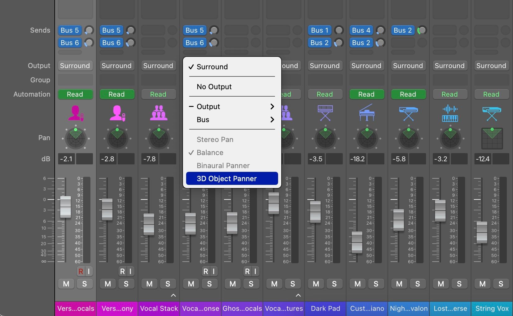 Скриншот Logic Pro с 3D Object Panner в меню Output