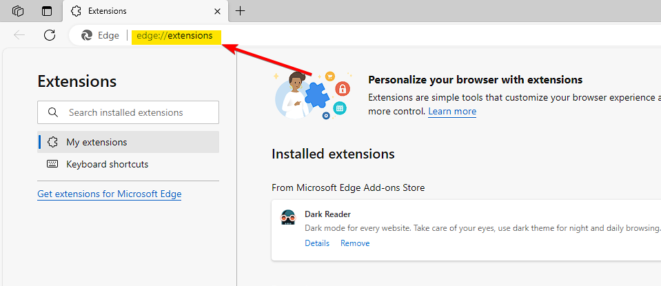Скриншот адресной строки с edge://extensions/