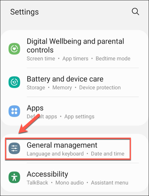 В меню 'Настройки' нажмите 'Общее управление'.