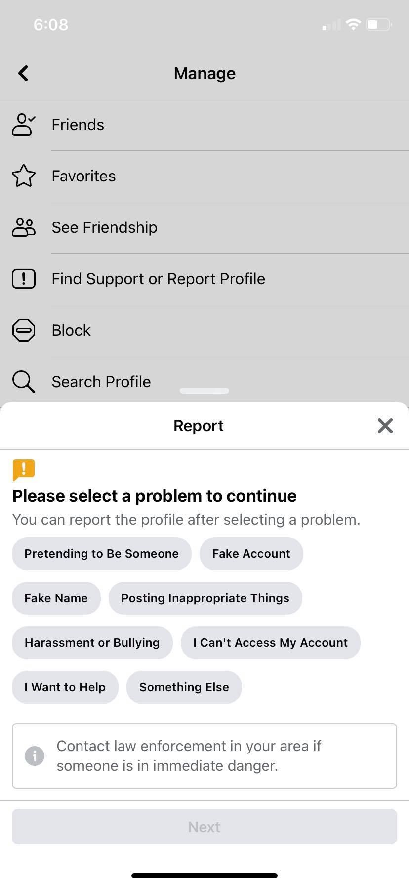 скриншот опций для жалобы на профиль