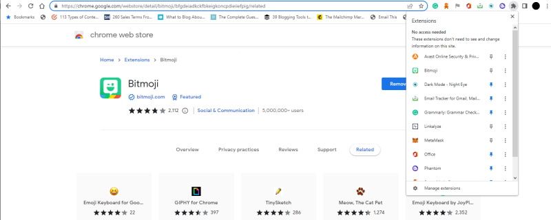 Список закреплённых расширений в Chrome