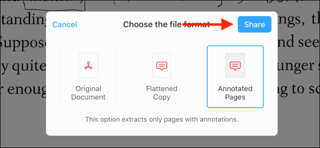 Выберите формат и затем нажмите Поделиться