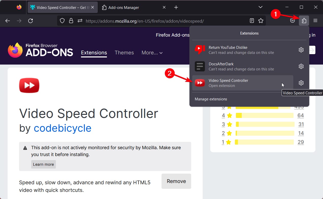 Список установленных расширений с Video Speed Controller