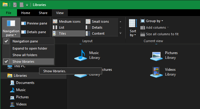 Показать библиотеки в Windows 10
