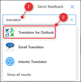 Окно «Надстройки и коннекторы» с результатом поиска «Translator for Outlook»
