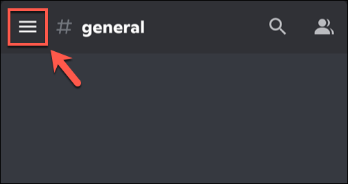 Главное меню мобильного приложения Discord: иконка меню в левом верхнем углу экрана.