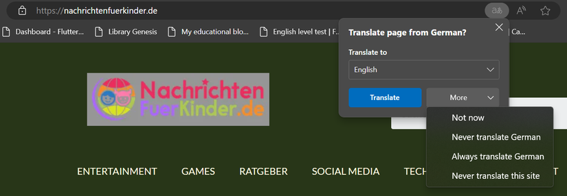 Дополнительные опции перевода на немецком сайте в Microsoft Edge на десктопе