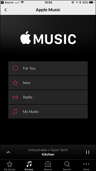 Интерфейс Apple Music внутри Sonos