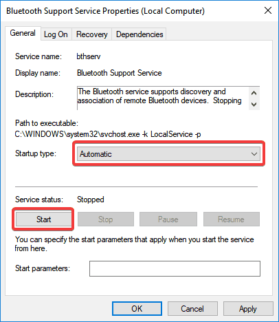 Свойства службы поддержки Bluetooth: тип запуска установлен на Автоматически