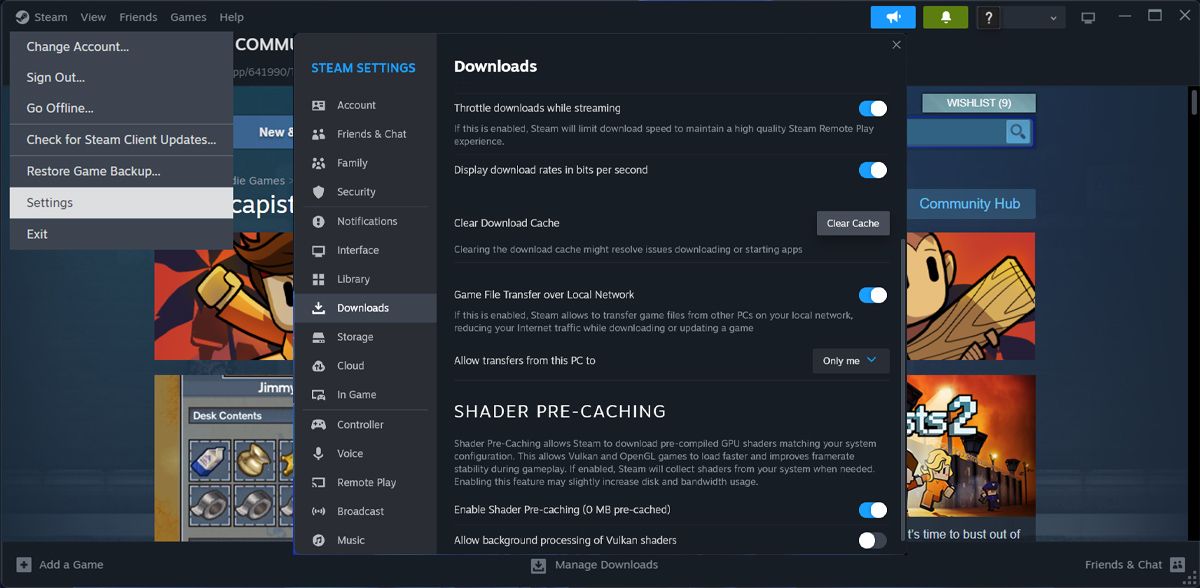 Кнопка очистки кэша загрузок в Steam