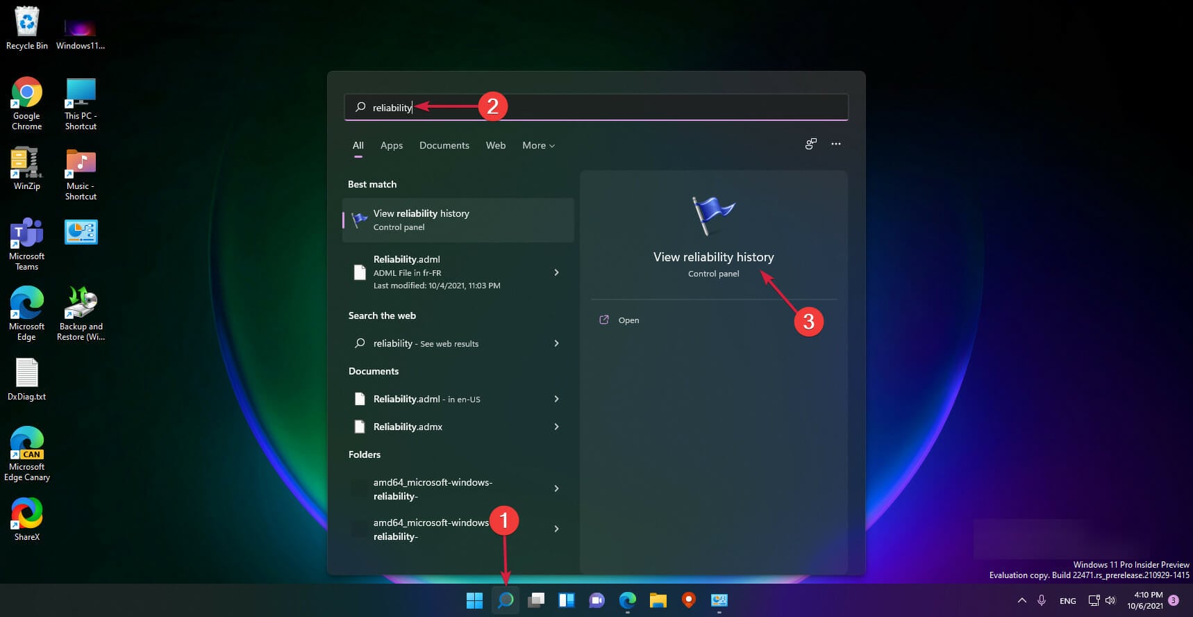 Поиск 'Просмотр журнала надежности' — окно истории надежности