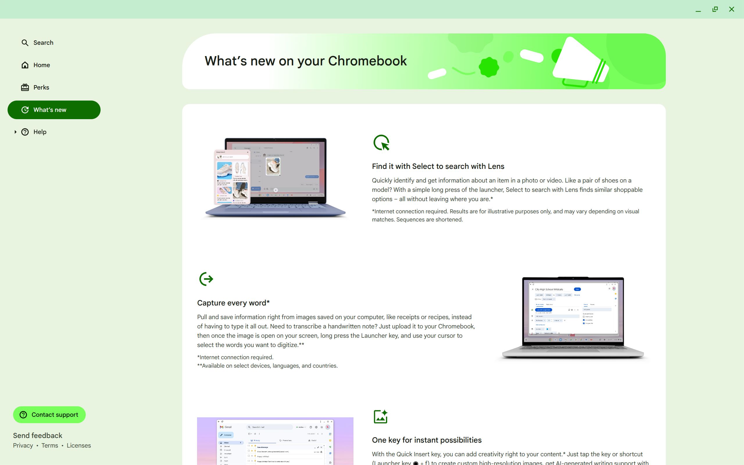 The Chromebook Explore app 'What's new' tab showing new features from recent updates