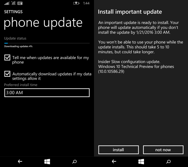 Процесс установки обновления Windows 10 Mobile