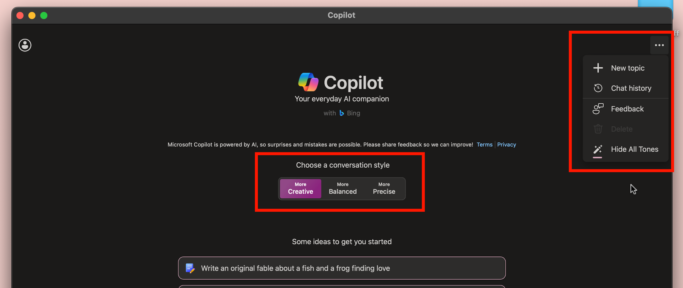Измените стиль разговора в Copilot, выбрав Показать все стили.
