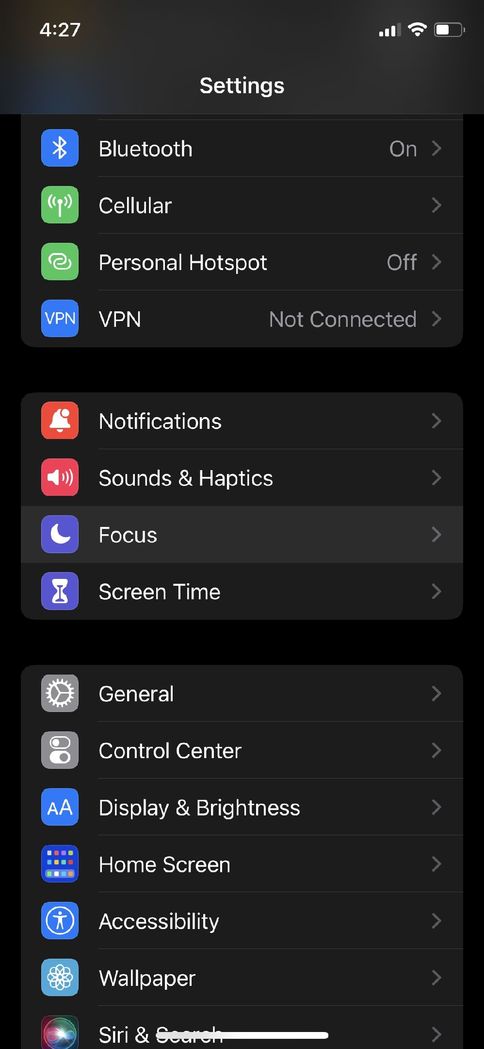 Меню настроек iOS 15