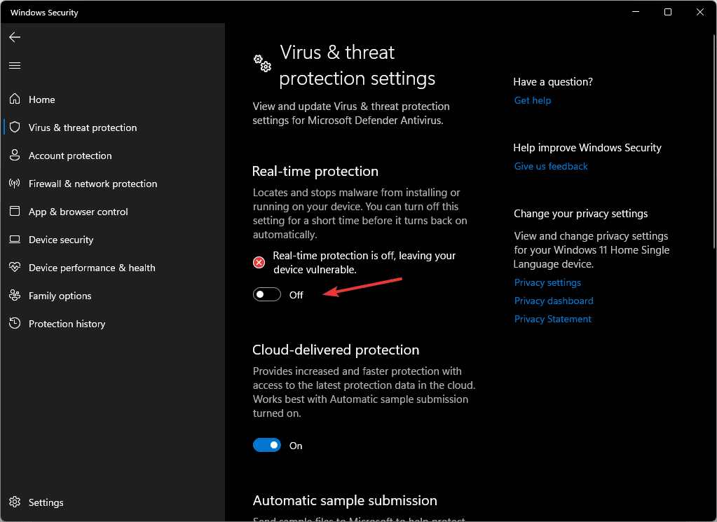 Отключение защиты в реальном времени