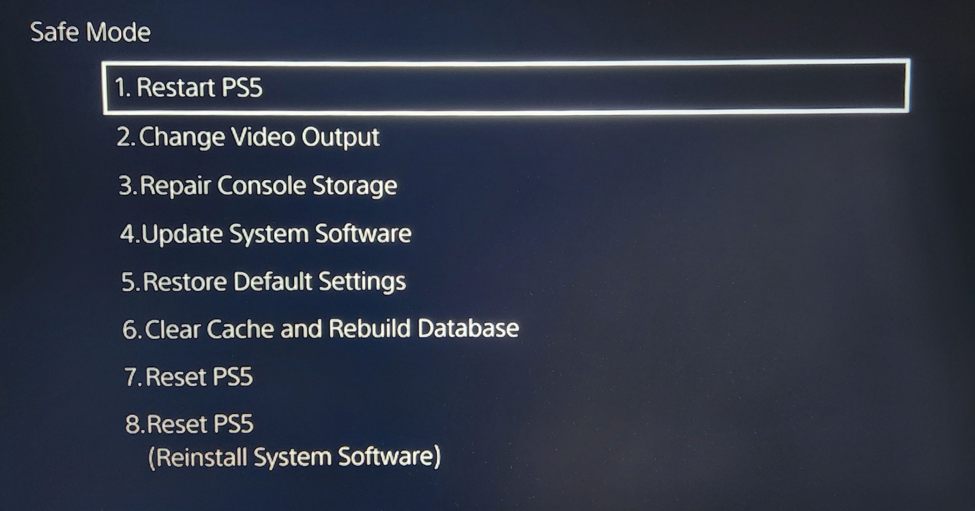 Меню безопасного режима PS5