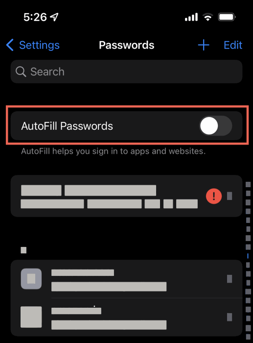 Изображение: Переключатель автосохранения паролей в Настройках iOS