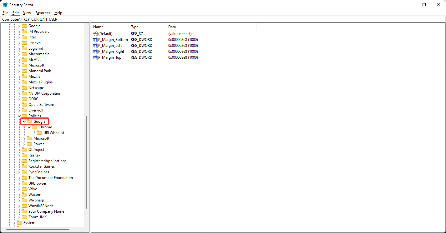 Раздел Policies в реестре.