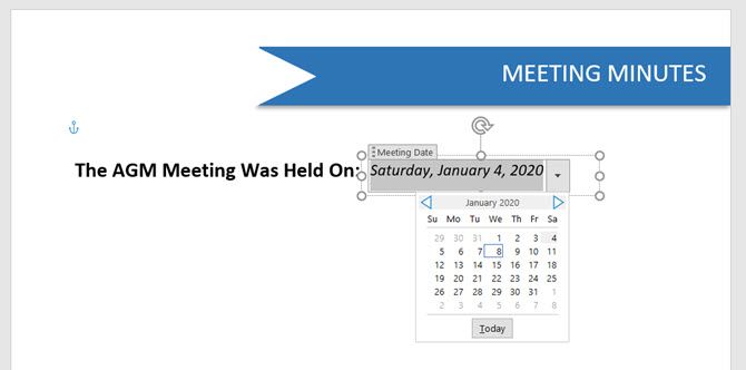 Microsoft Word Date Picker Content Control