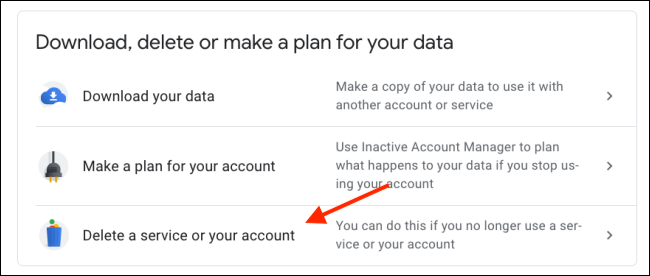 Нажмите Удаление сервиса или аккаунта