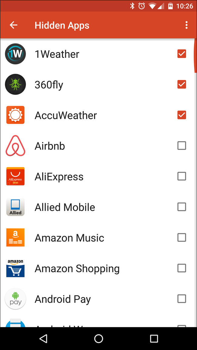 Скриншот: список приложений с отмеченными для скрытия элементами