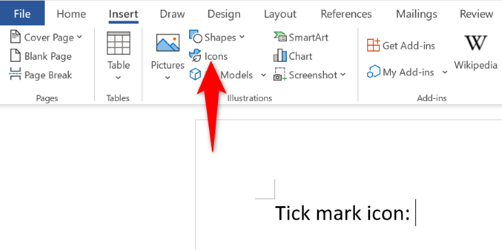 Кнопка Иконки в меню Вставка.