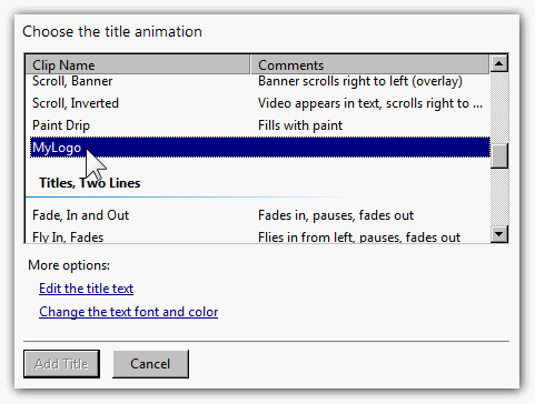 Появление опции 'MyLogo' в списке анимаций заголовков
