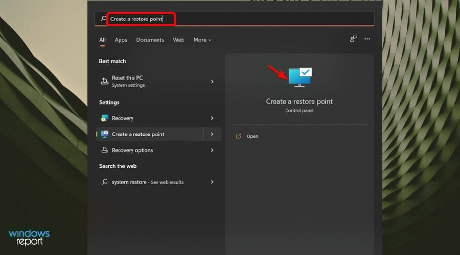 Поиск точек восстановления в меню Пуск