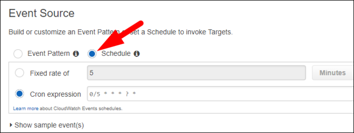 Выбор источника события — переключение на Schedule