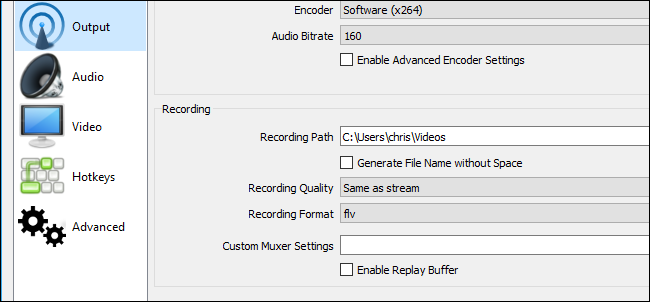 Настройки формата записи в OBS