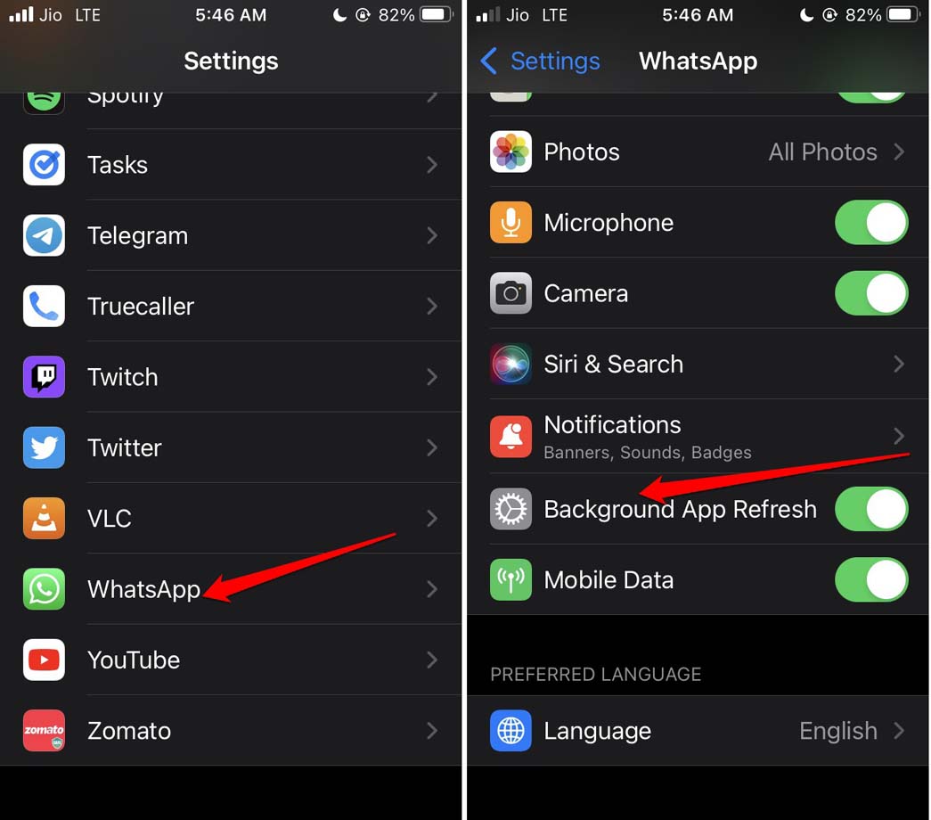 Schermata che mostra come abilitare Background App Refresh per WhatsApp