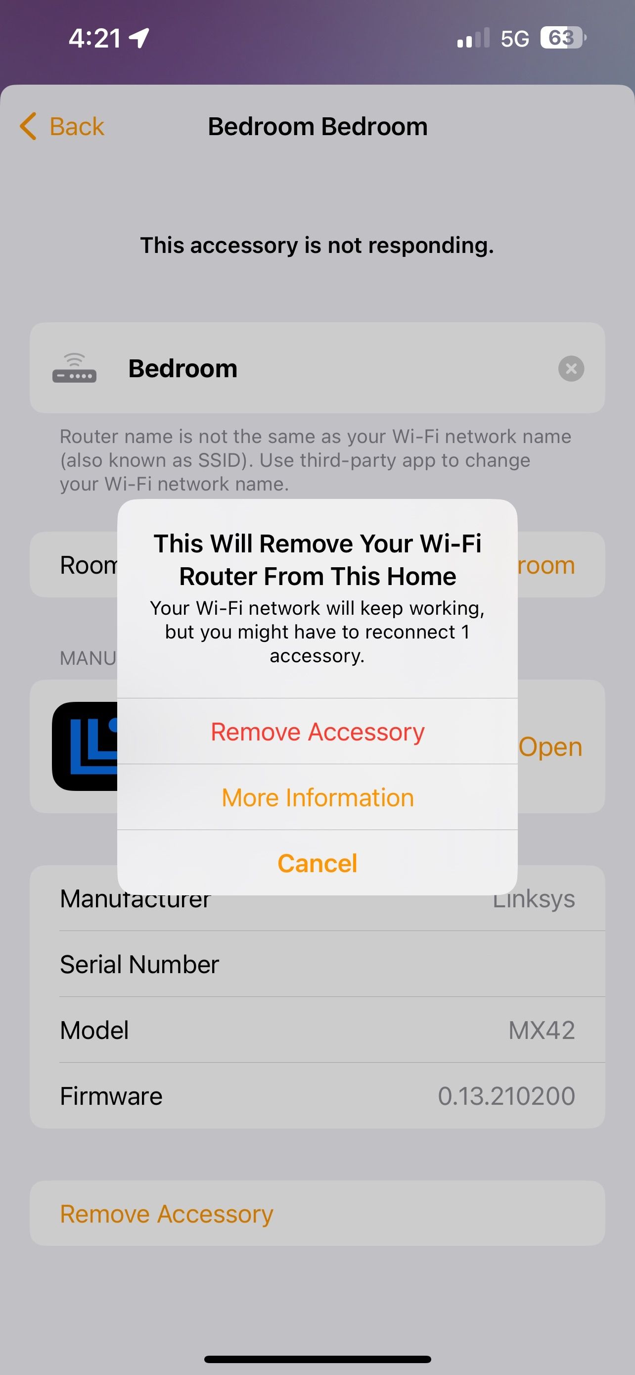 Home App iOS Wi-Fi Router Removal Confirmation Prompt