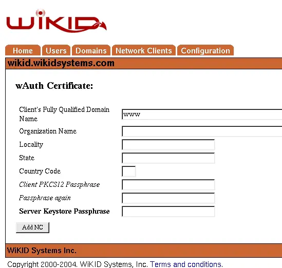 Formulario de creación de certificado para un cliente wAuth mostrando campos del sujeto y botones de descarga