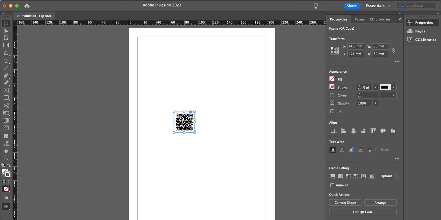 QR-код, размещённый на документе Adobe InDesign