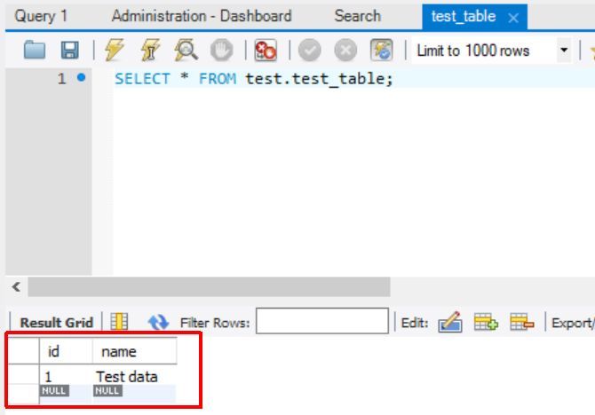 Таблица Test_Table с тестовыми данными в Workbench