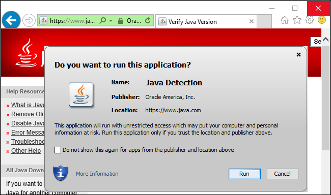 Установка Java через веб-сайт Oracle в Internet Explorer