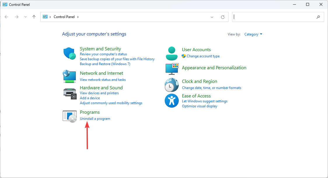Список установленных программ в Панели управления