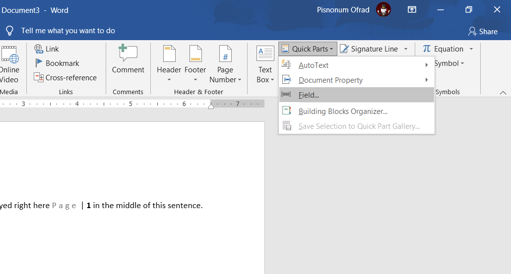 Панель вставки полей и быстрых фрагментов