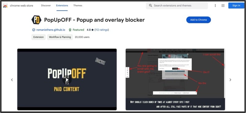 Блокировать поп-апы и оверлеи с PopUpOff