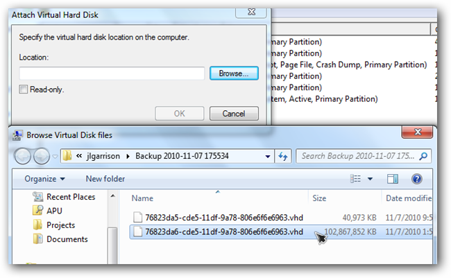 Окно выбора VHD-файла в папке резервной копии