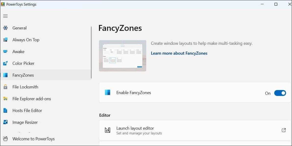 Интерфейс FancyZones в PowerToys с включенным модулем