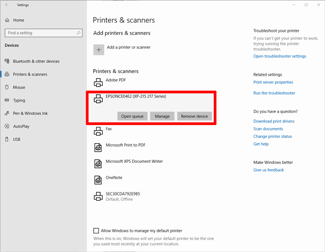 Изображение: окно «Принтеры и сканеры» в Windows 10