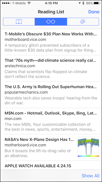 Иконка книги в Safari на iPhone — открытие Reading List